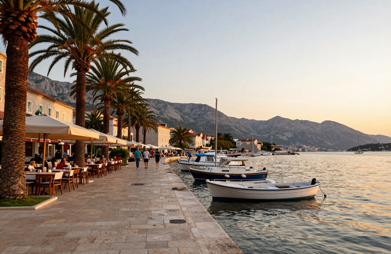 Promenada w Makarskiej z palmami, kawiarniami i jachtami oraz górami Biokovo w tle — wyjazd busem do Chorwacji